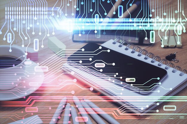Doble exposición del dibujo del tema de datos y el fondo del teléfono móvil Concepto de innovación