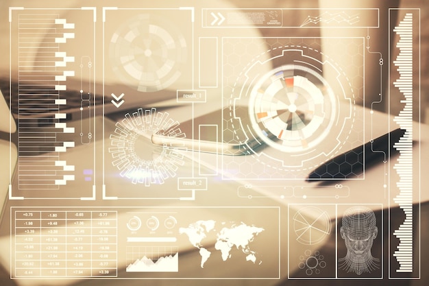 Doble exposición del dibujo del tema de datos y el fondo del teléfono móvil Concepto de innovación