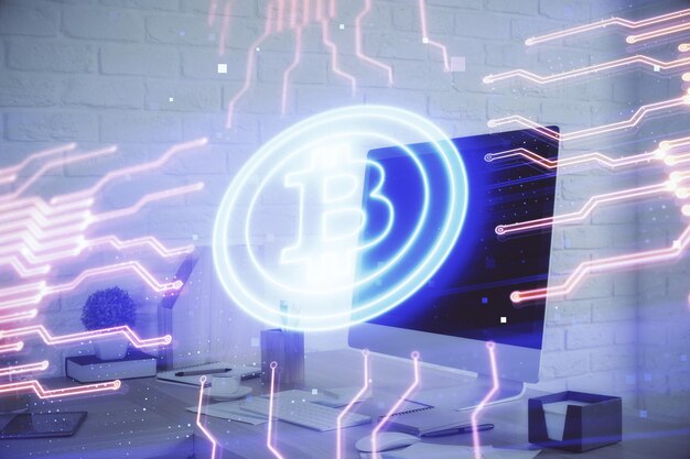 Doble exposición del dibujo del tema de la tecnología criptográfica y el concepto de fondo interior de la oficina de blockchain