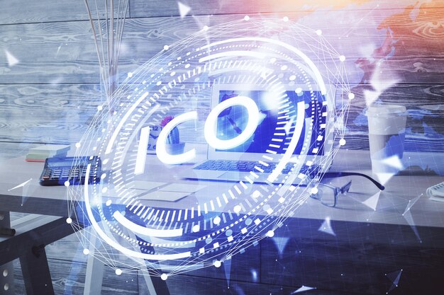 Doble exposición del dibujo del tema de la tecnología criptográfica y el concepto de fondo interior de la oficina de blockchain