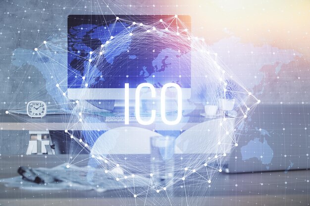 Doble exposición del dibujo del tema de la tecnología criptográfica y el concepto de fondo interior de la oficina de blockchain