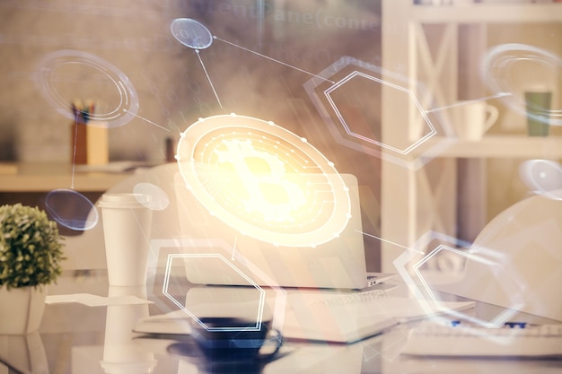 Doble exposición del dibujo del tema de la tecnología criptográfica y el concepto de fondo interior de la oficina de blockchain