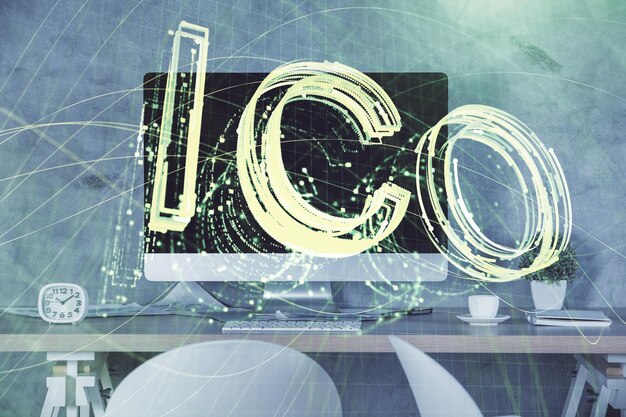 Doble exposición del dibujo del tema de la tecnología criptográfica y el concepto de fondo interior de la oficina de blockchain