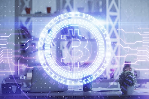 Doble exposición del dibujo del tema de la tecnología criptográfica y el concepto de fondo interior de la oficina de blockchain