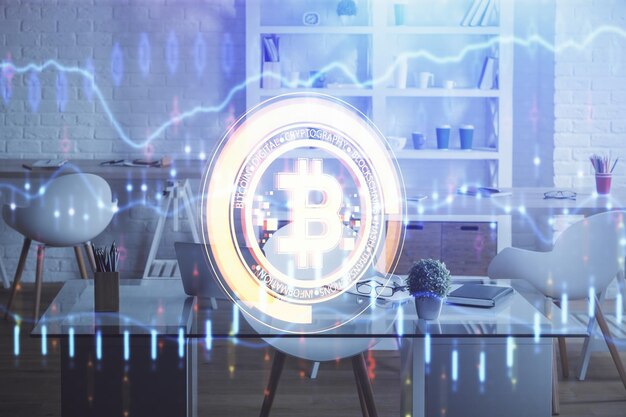 Doble exposición del dibujo del tema de la tecnología criptográfica y el concepto de fondo interior de la oficina de blockchain