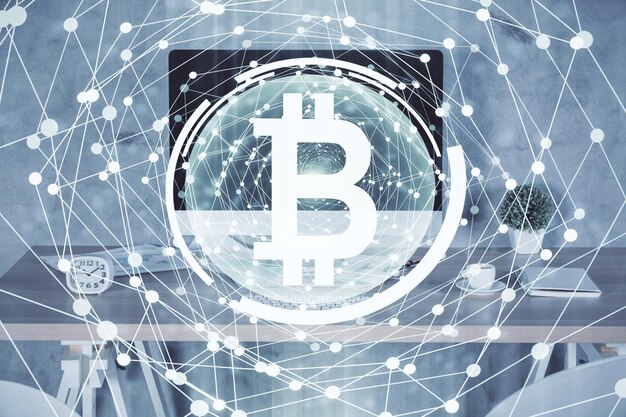 Doble exposición del dibujo del tema de la tecnología criptográfica y el concepto de fondo interior de la oficina de blockchain