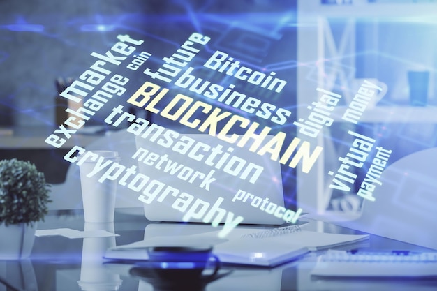 Doble exposición del dibujo del tema de la tecnología criptográfica y el concepto de fondo interior de la oficina de blockchain