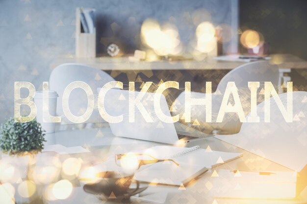 Doble exposición del dibujo del tema de la tecnología criptográfica y el concepto de fondo interior de la oficina de blockchain