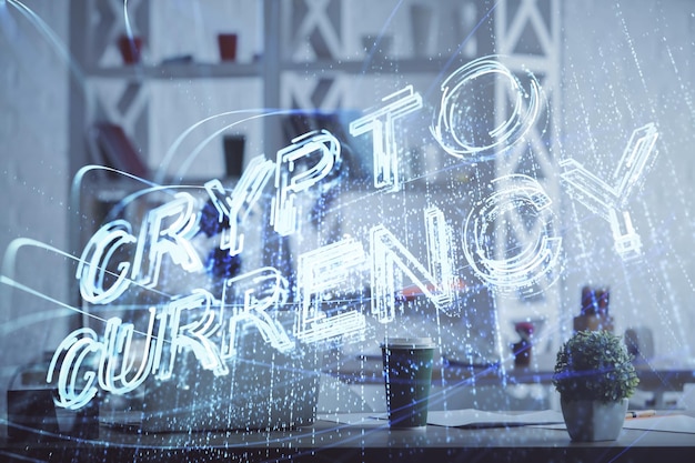 Doble exposición del dibujo del tema de la tecnología criptográfica y el concepto de fondo interior de la oficina de blockchain