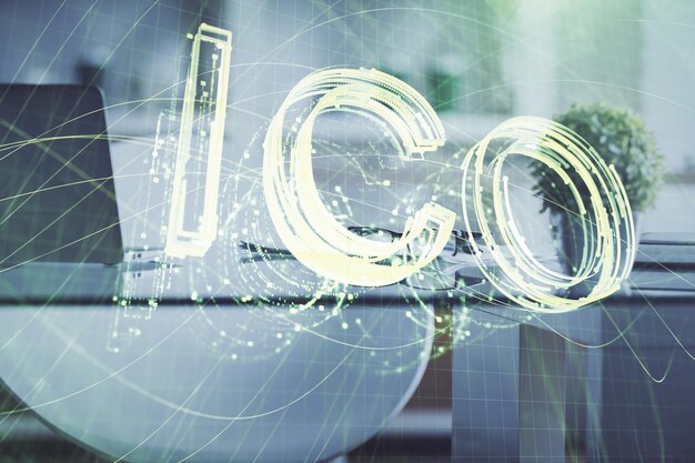 Doble exposición del dibujo del tema de la tecnología criptográfica y el concepto de fondo interior de la oficina de blockchain