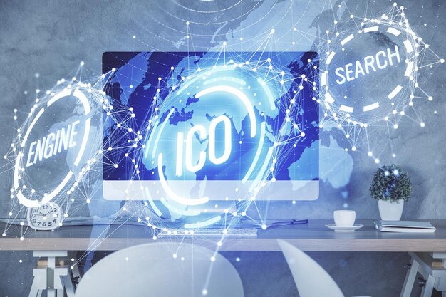 Doble exposición del dibujo del tema de la tecnología criptográfica y el concepto de fondo interior de la oficina de blockchain