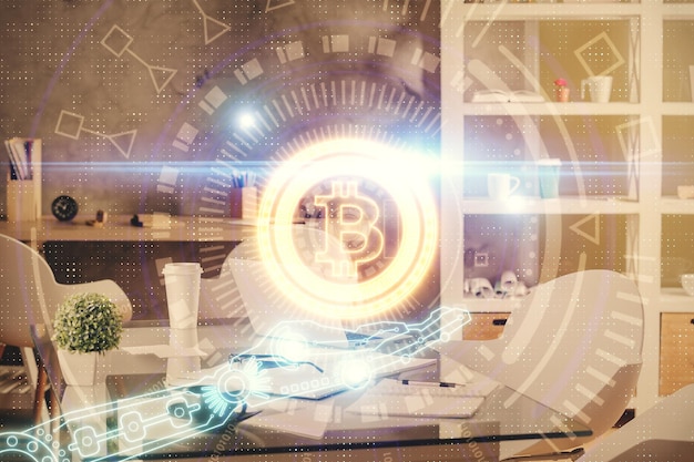 Doble exposición del dibujo del tema de la tecnología criptográfica y el concepto de fondo interior de la oficina de blockchain