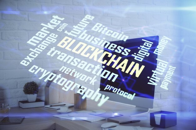 Doble exposición del dibujo del tema de la tecnología criptográfica y el concepto de fondo interior de la oficina de blockchain