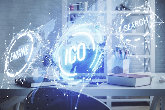 Doble exposición del dibujo del tema de la tecnología criptográfica y el concepto de fondo interior de la oficina de blockchain