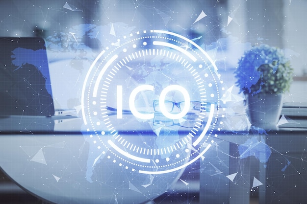 Doble exposición del dibujo del tema de la tecnología criptográfica y el concepto de fondo interior de la oficina de blockchain