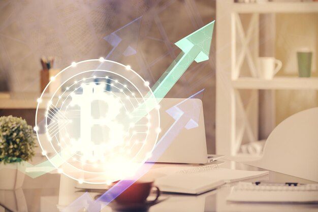 Doble exposición del dibujo del tema de la tecnología criptográfica y el concepto de fondo interior de la oficina de blockchain