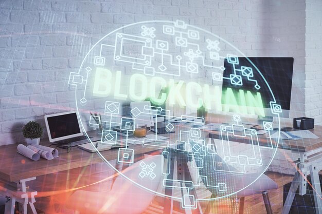 Doble exposición del dibujo del tema de la tecnología criptográfica y el concepto de fondo interior de la oficina de blockchain