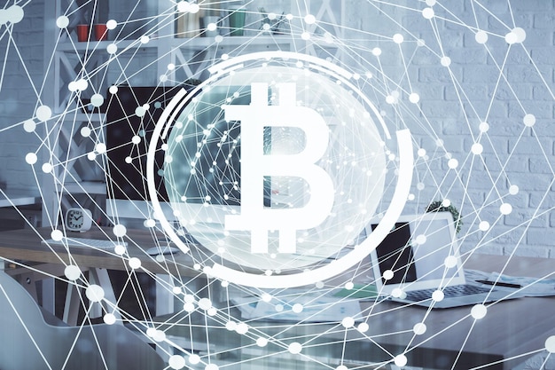 Doble exposición del dibujo del tema de la tecnología criptográfica y el concepto de fondo interior de la oficina de blockchain