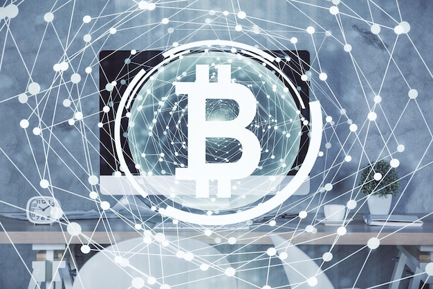 Doble exposición del dibujo del tema de la tecnología criptográfica y el concepto de fondo interior de la oficina de blockchain