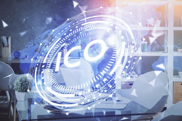 Doble exposición del dibujo del tema de la tecnología criptográfica y el concepto de fondo interior de la oficina de blockchain