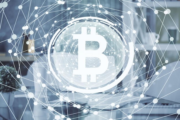 Doble exposición del dibujo del tema de la tecnología criptográfica y el concepto de fondo interior de la oficina de blockchain