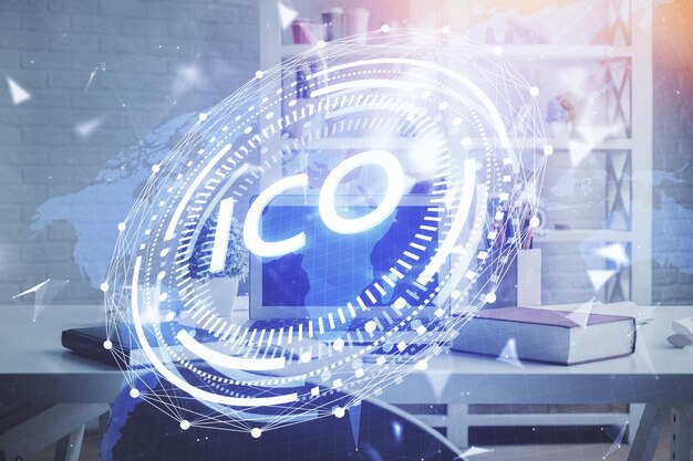 Doble exposición del dibujo del tema de la tecnología criptográfica y el concepto de fondo interior de la oficina de blockchain