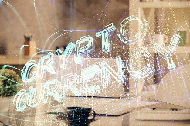 Doble exposición del dibujo del tema de la tecnología criptográfica y el concepto de fondo interior de la oficina de blockchain