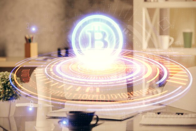 Doble exposición del dibujo del tema de la tecnología criptográfica y el concepto de fondo interior de la oficina de blockchain