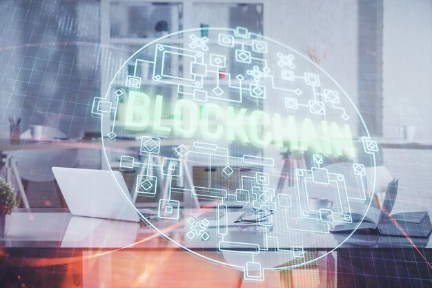 Doble exposición del dibujo del tema de la tecnología criptográfica y el concepto de fondo interior de la oficina de blockchain
