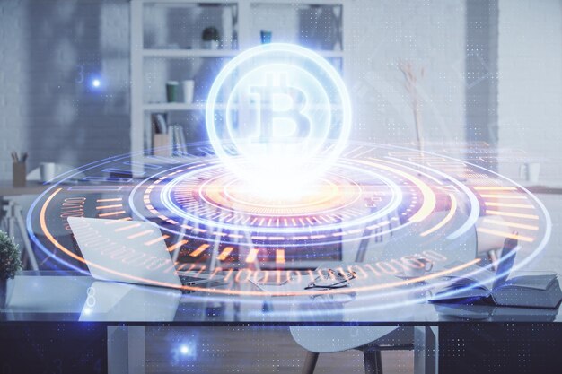 Doble exposición del dibujo del tema de la tecnología criptográfica y el concepto de fondo interior de la oficina de blockchain