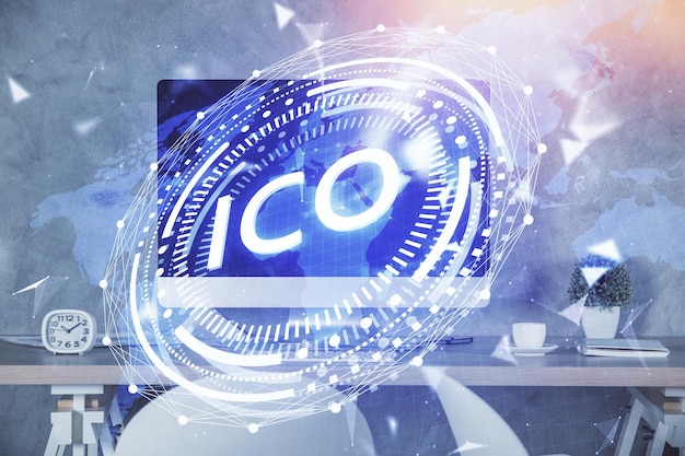 Doble exposición del dibujo del tema de la tecnología criptográfica y el concepto de fondo interior de la oficina de blockchain
