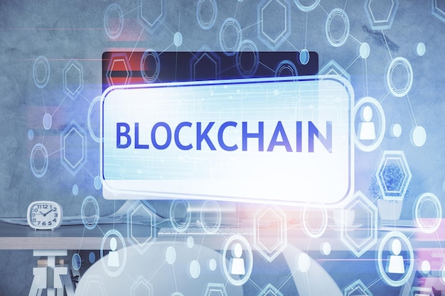 Doble exposición del dibujo del tema de la tecnología criptográfica y el concepto de fondo interior de la oficina de blockchain