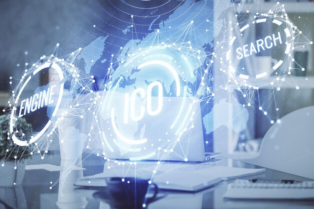 Doble exposición del dibujo del tema de la tecnología criptográfica y el concepto de fondo interior de la oficina de blockchain