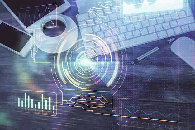 Doble exposición del dibujo del tema de la tecnología sobre el escritorio de la mesa de trabajo Vista superior Concepto global de análisis de datos