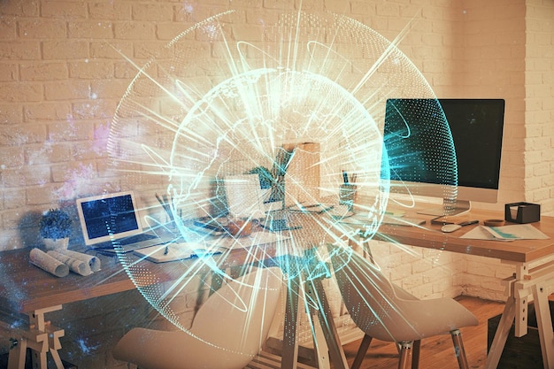 Doble exposición del dibujo temático de negocios y el fondo interior de la oficina Concepto de éxito