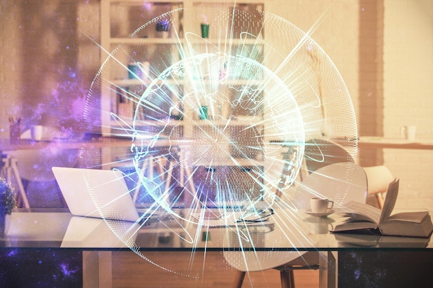 Doble exposición del dibujo temático de negocios y el fondo interior de la oficina Concepto de éxito