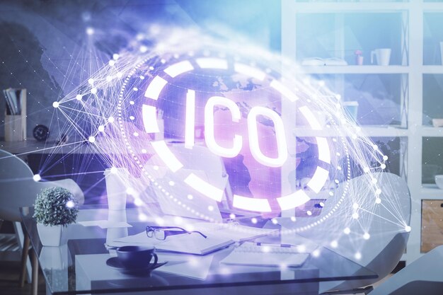 Doble exposición del dibujo temático de la tecnología criptográfica y el fondo interior de la oficina Concepto de blockchain