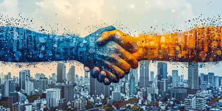 Doble exposición de dos hombres de negocios estrechando la mano con bokeh luz ciudad fondos abstractos negocios