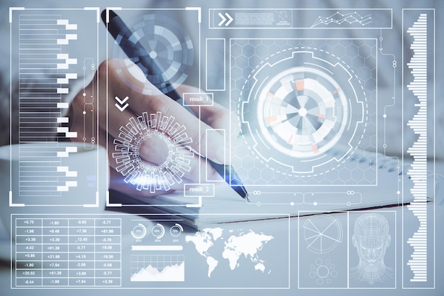 Doble exposición de escribir las manos en el fondo con holograma de solución de datos en el frente Concepto de tecnología Cerrar