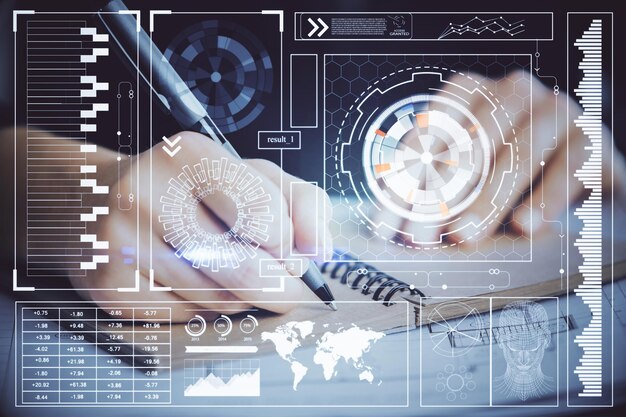 Doble exposición de escribir las manos en el fondo con holograma de solución de datos en el frente Concepto de tecnología Cerrar