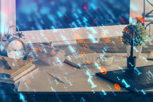 Doble exposición del escritorio con computadora en el fondo y dibujo temático tecnológico Concepto de big data