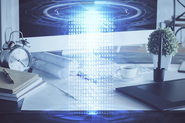 Doble exposición del escritorio con computadora en el fondo y dibujo temático tecnológico Concepto de big data