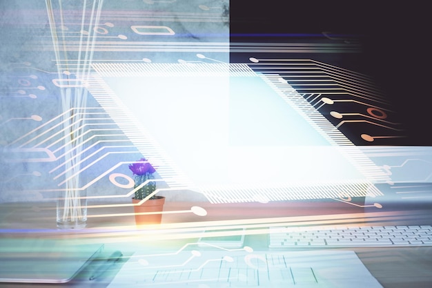 Doble exposición del escritorio con computadora en el fondo y dibujo temático tecnológico Concepto de big data