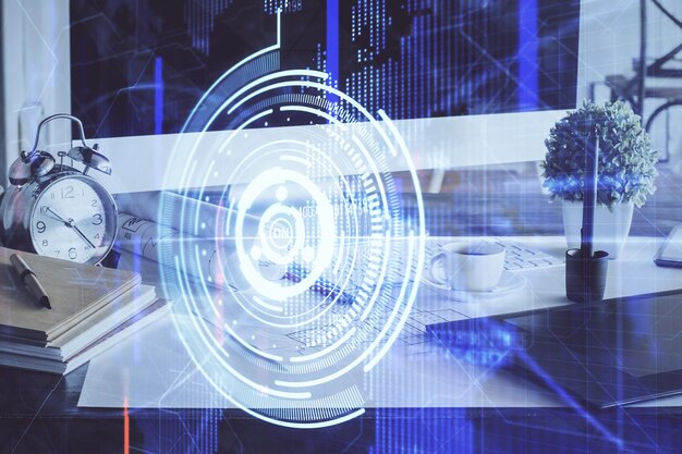Doble exposición del escritorio con computadora en el fondo y dibujo temático tecnológico Concepto de big data