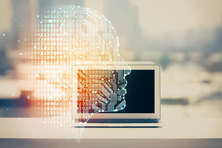 Foto doble exposición del escritorio con computadora y holograma de dibujo cerebral concepto de inteligencia artificial