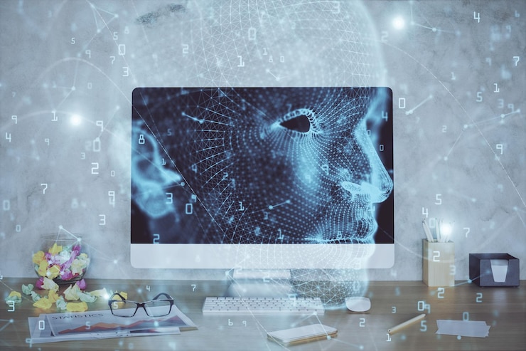 Foto doble exposición del escritorio con computadora y holograma de dibujo cerebral concepto de inteligencia artificial