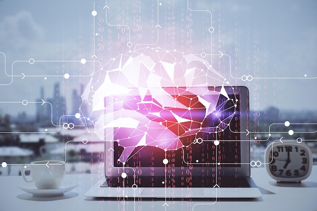 Doble exposición del escritorio con computadora y holograma de dibujo cerebral Concepto de inteligencia artificial