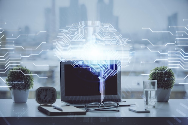 Doble exposición del escritorio con computadora y holograma de dibujo cerebral Concepto de inteligencia artificial