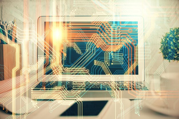 Doble exposición del escritorio con computadora y holograma del mapa del mundo Concepto de red de datos internacional