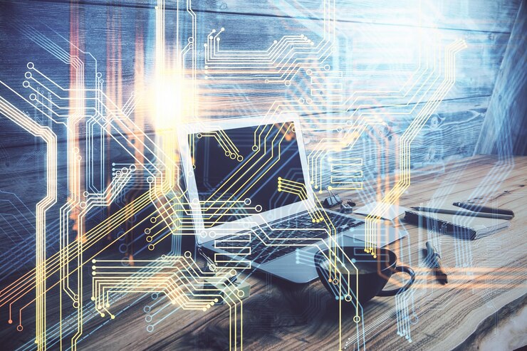 Foto doble exposición del escritorio con computadora y holograma del mapa del mundo concepto de red de datos internacional